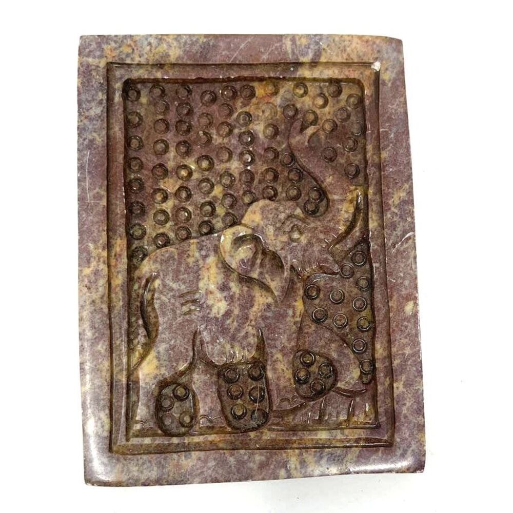 Vintage Elephant Carved Soapstone Stone Paperweight Trinket Plaque 4" Soap Dish